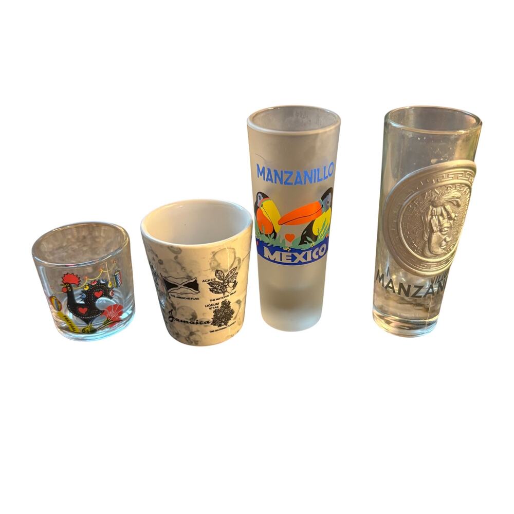 4 Shot Glasses Vintage Manzanillo Jamaica Portugal New